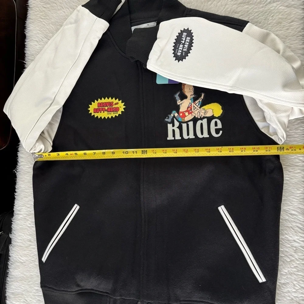 Davis & Butt Head  Black and White Leather / Fabric Bomber Jacket size XL